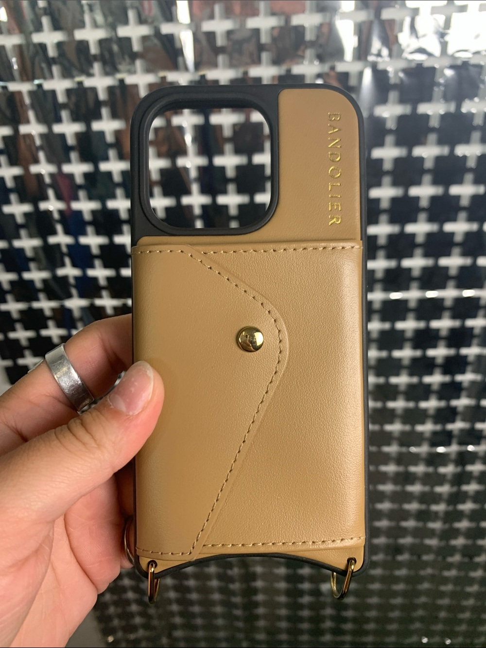 Bandolier Tan Leather Phone Case with Gold Hardware and Card Pocket